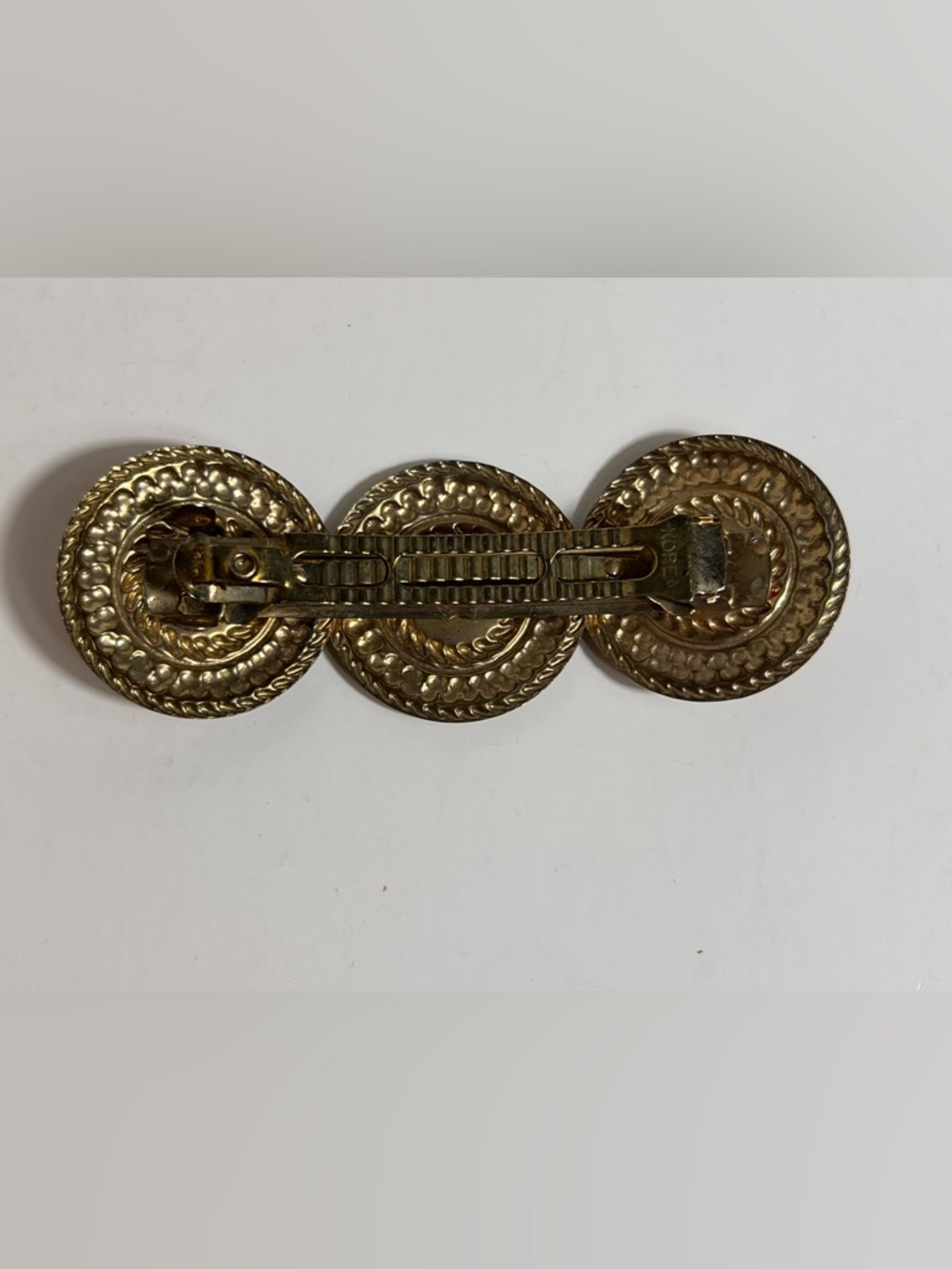 VTG Barrette Hair Clip Round Gold Toned Medallions Red Center Korea - Picture 4 of 7